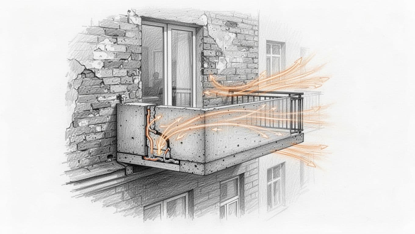 Cross-section sketch of balcony slab protruding from brick facade, showing uninsulated concrete thermal bridge with heat loss arrows.