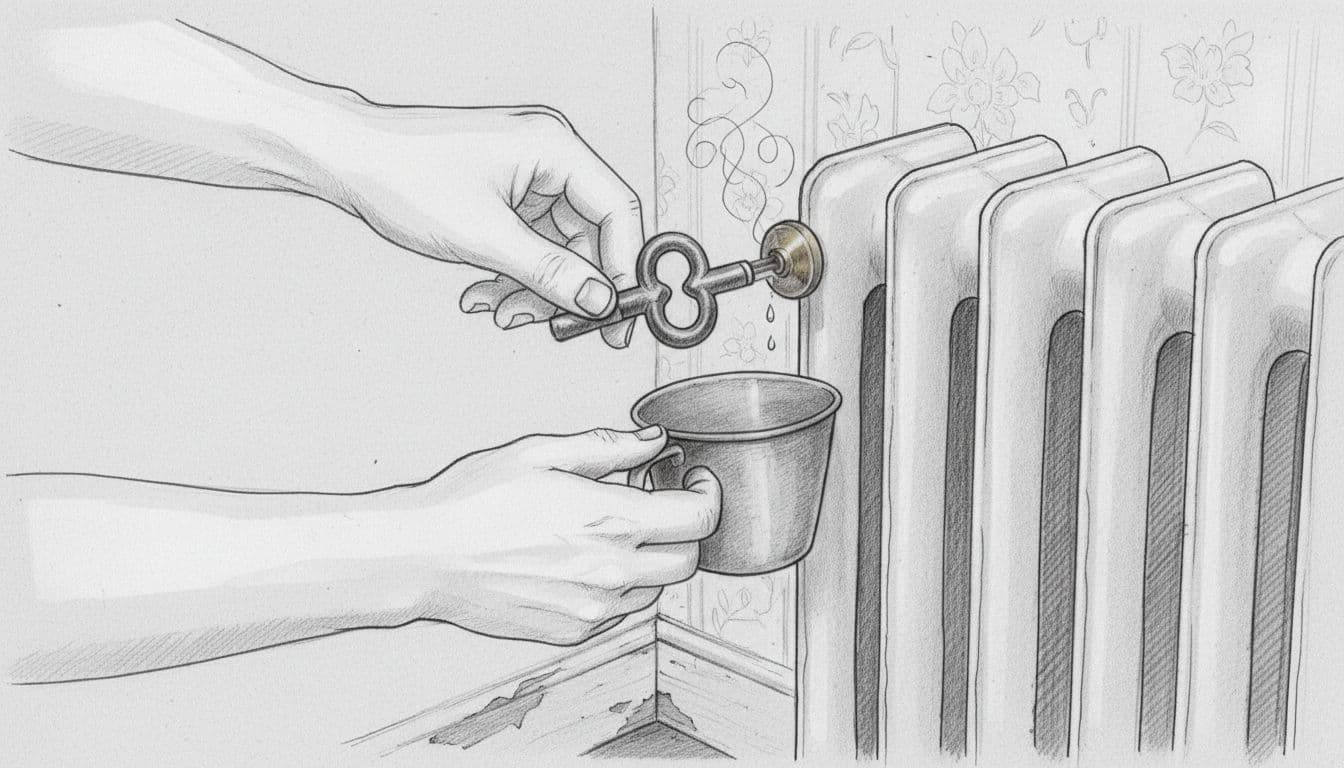 A hand-drawn graphite sketch shows hands using a key to bleed air from a vintage radiator valve.
