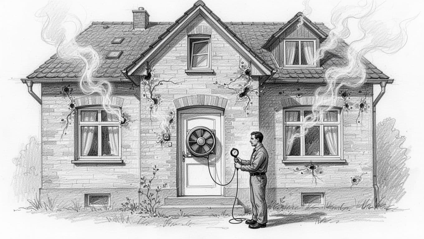 Hand-drawn sketch of blower door fan in front door of old German brick house, technician measuring airflow with smoke wisps showing leaks.