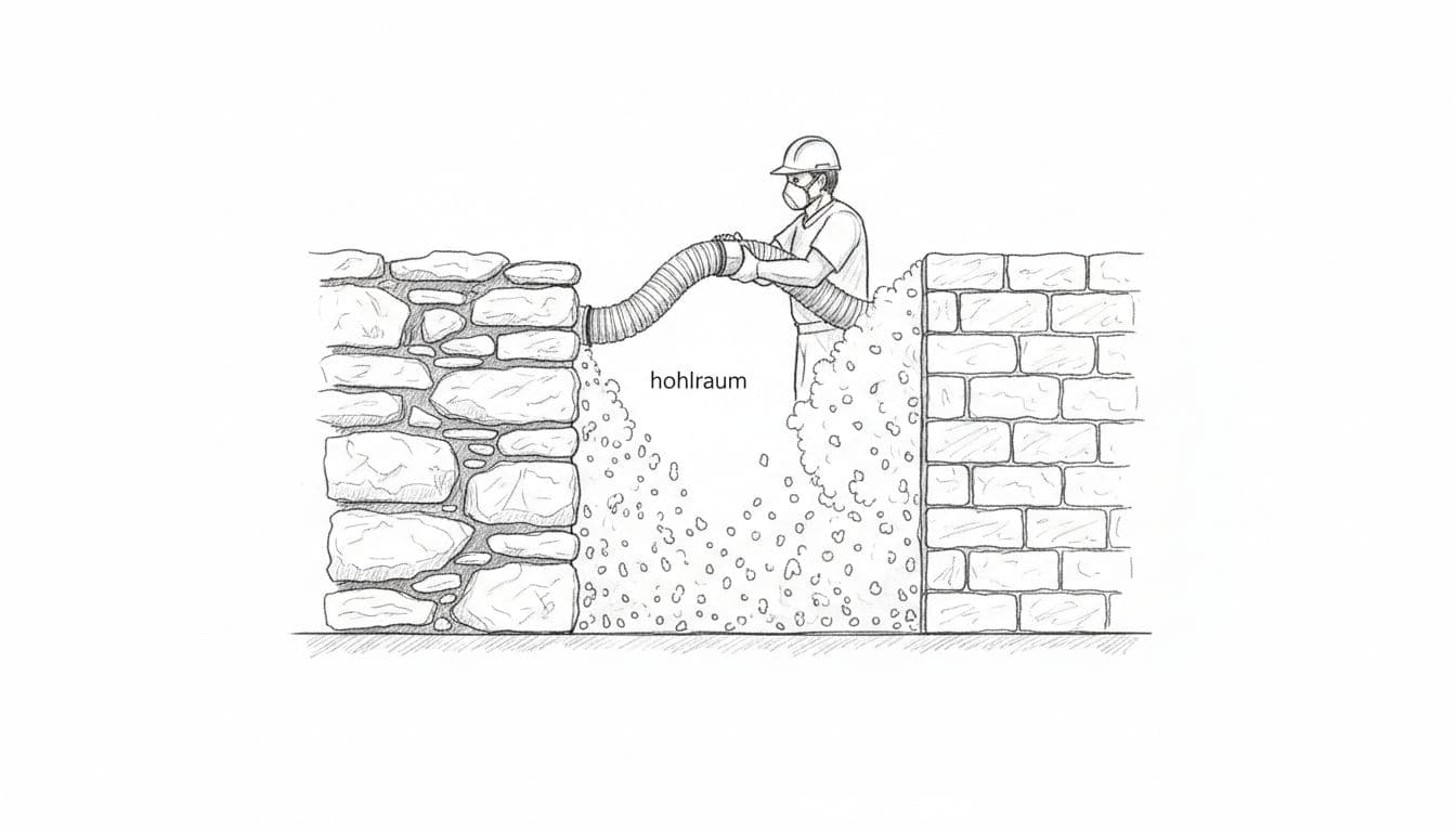 Cross-section sketch of old masonry wall cavity filled evenly with cellulose insulation particles from blower hose operated by worker.