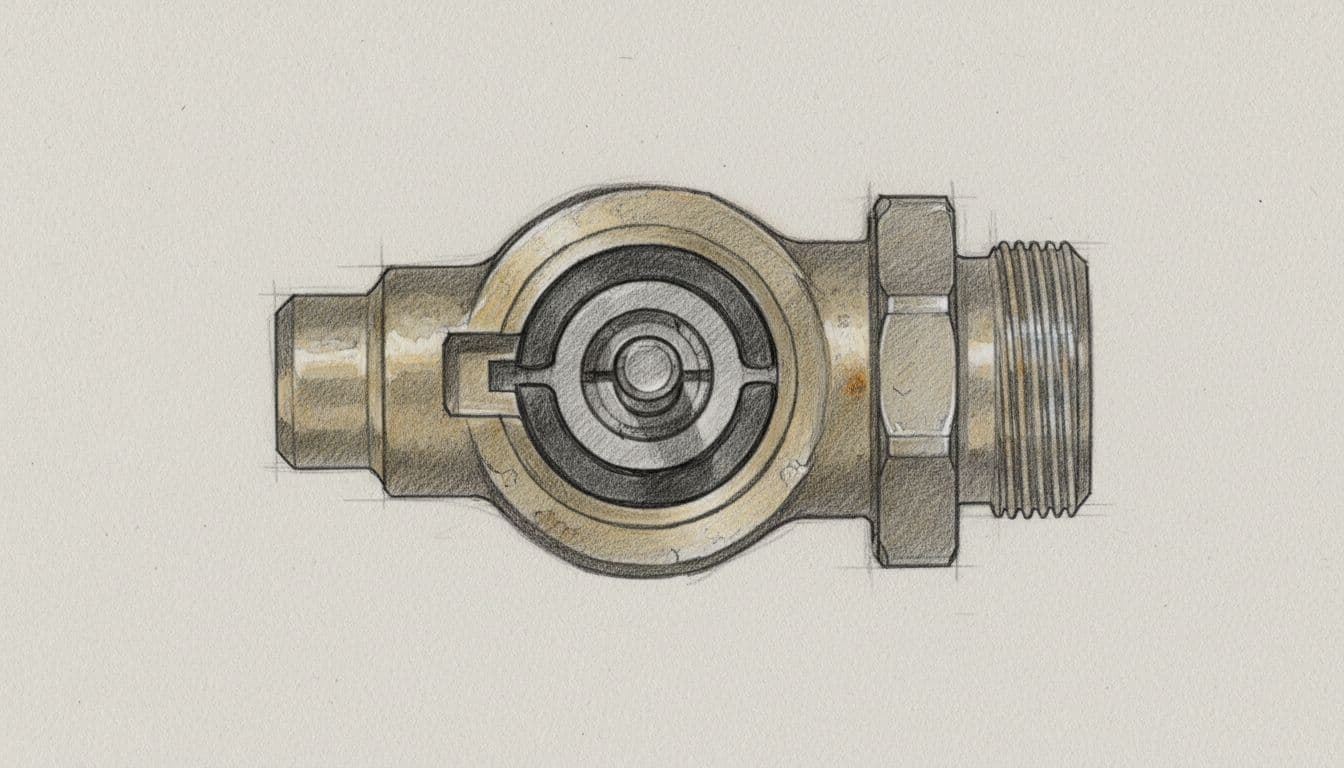 A detailed graphite sketch shows a radiator valve with the thermostat head removed, exposing the central metal pin.