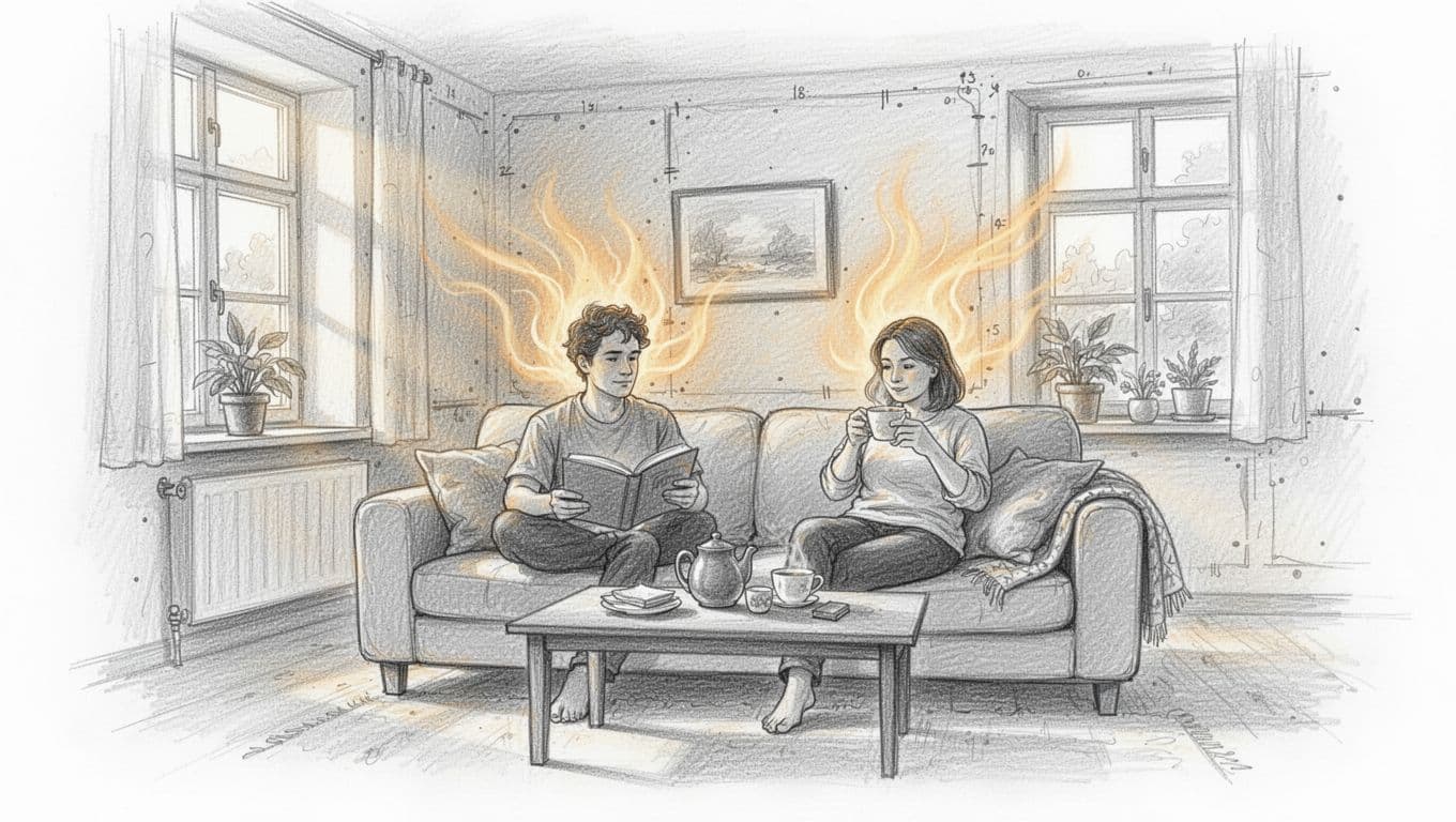 Graphite sketch of two people relaxing on sofa with book and tea in cozy old house living room.