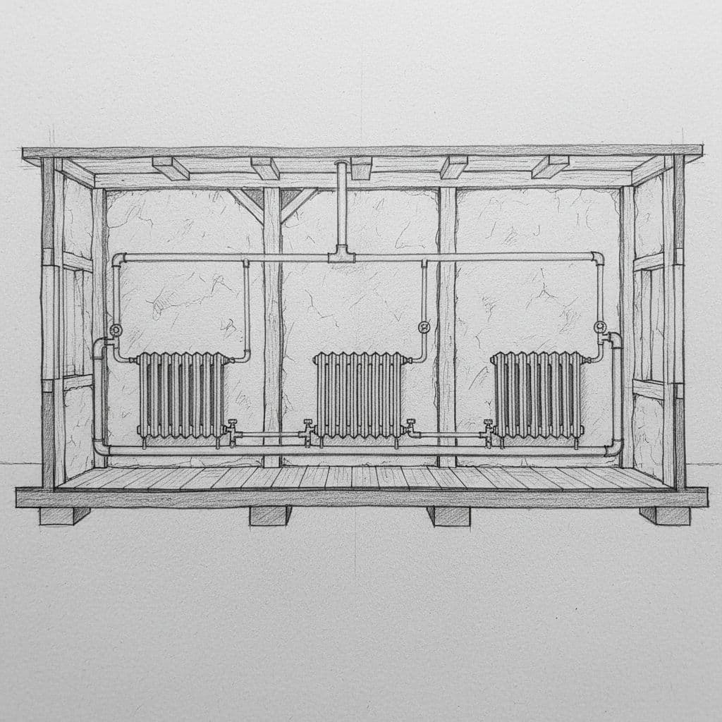 A detailed graphite sketch illustrates a single pipe loop connecting series-linked radiators in an old building.