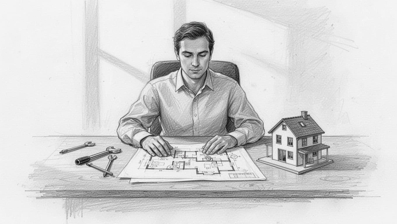Hand-drawn sketch shows energy consultant at desk studying house ventilation blueprints, with tools and model nearby.