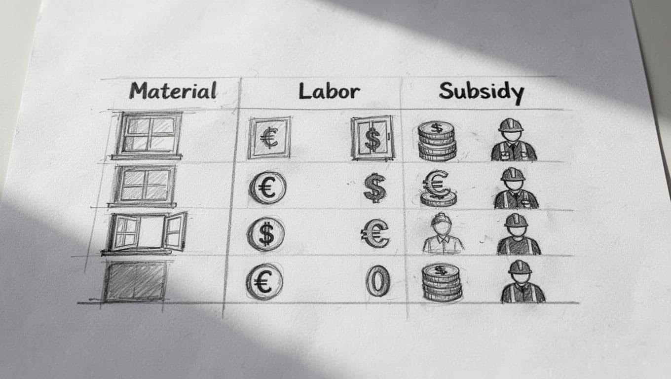 Handgezeichnete Tabelle mit Preisen für Fenstertausch, Icons für Fenster, Geld und Arbeit auf weißem Hintergrund.