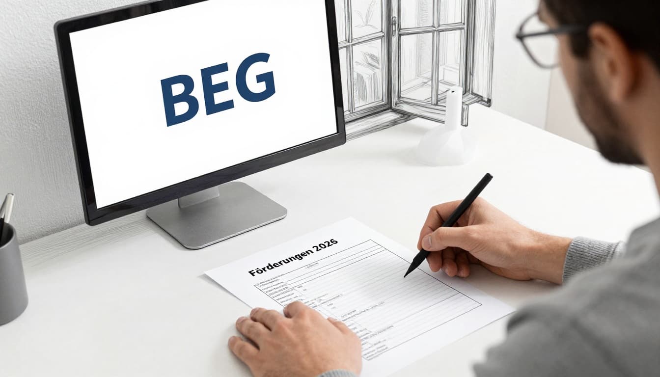 Handgezeichnete Skizze einer Person am Schreibtisch mit Formularen, Computer und Fenster im Hintergrund.