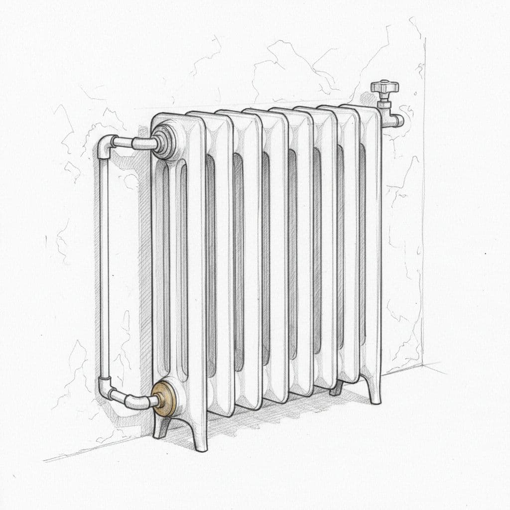 A minimalist graphite drawing depicts an old house radiator with visible pipe connections and a valve.