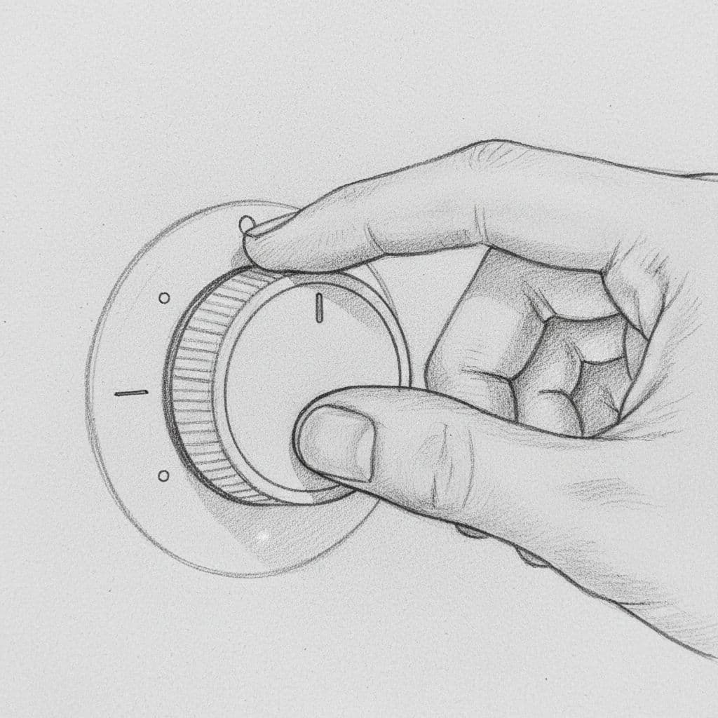 Graphite sketch on gray paper of hand adjusting heating control dial with simple markings.