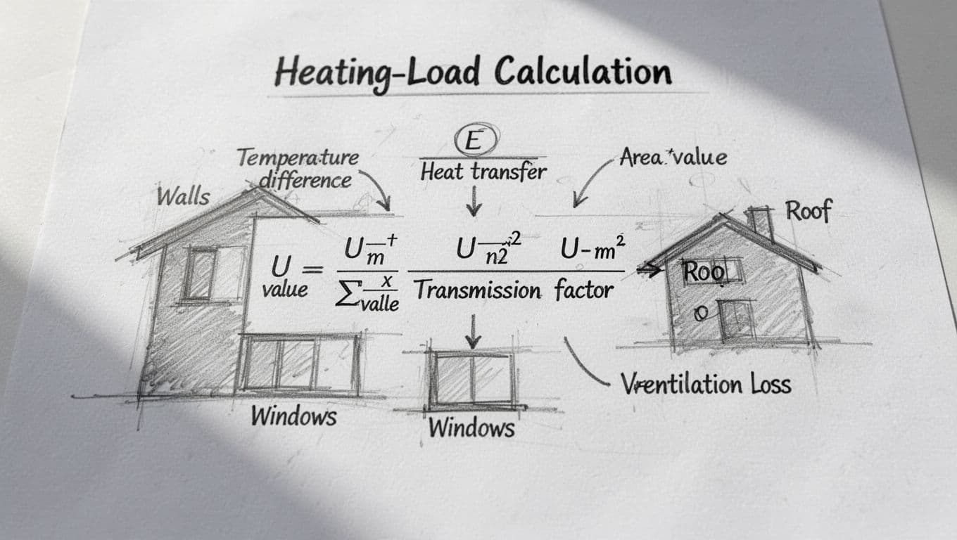 Hand-drawn sketch on notepad showing Φ = H_T × ΔT formula with U-values, areas for walls, windows, roof, and ventilation losses.