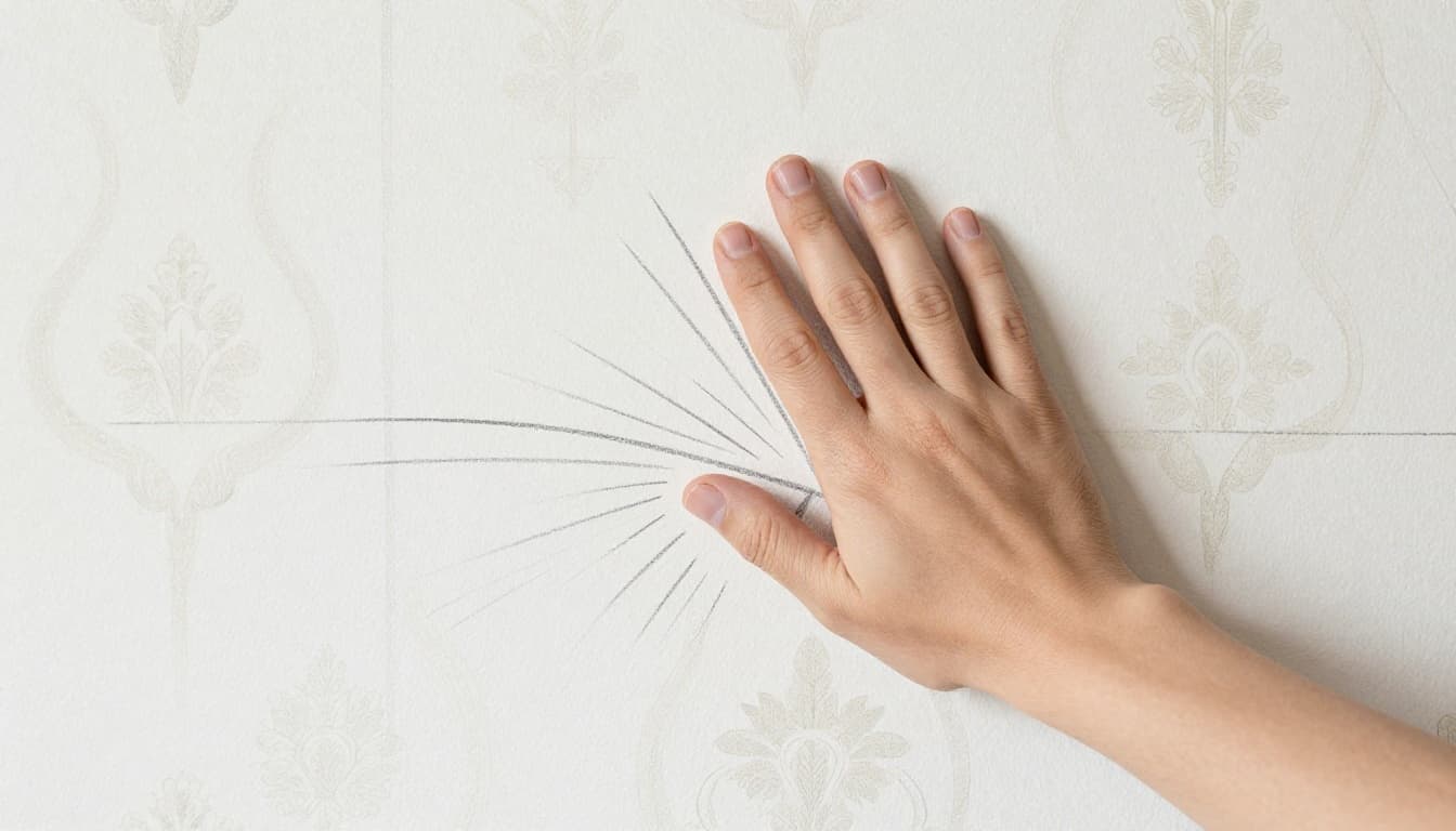 Pencil sketch shows hand touching cold spot on old wallpapered wall near window, with thermal bridge lines.