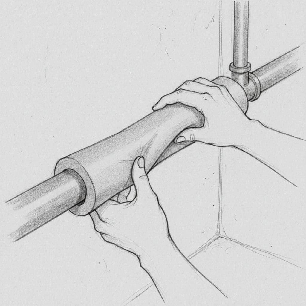 Hand-drawn sketch on light gray paper shows hands wrapping flexible foam sleeve around metal heating pipe with graphite lines and light shading.