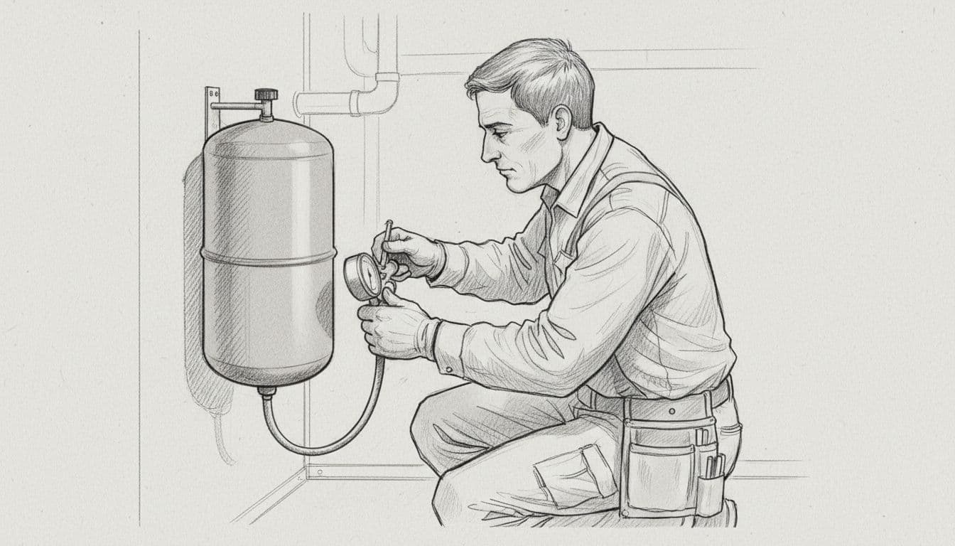 Eine graphite Skizze eines Technikers, der die Druckmessung an einem runden Ausdehnungsgefäß vornimmt. Das Werkzeug zur Prüfung wird direkt an das Ventil des Bauteils auf dem hellgrauen Papierhintergrund angelegt.