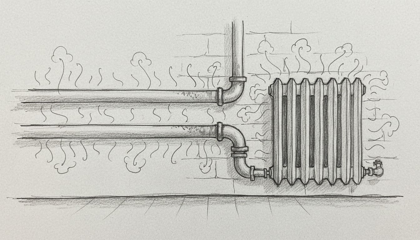 A graphite sketch showing heat dissipating from uninsulated pipes in a heating loop.