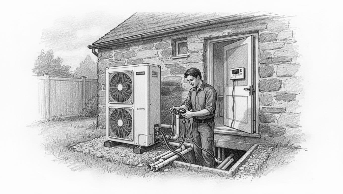 Graphite sketch of technician connecting hoses to outdoor heat pump unit on gravel next to old house wall, pipes to basement.