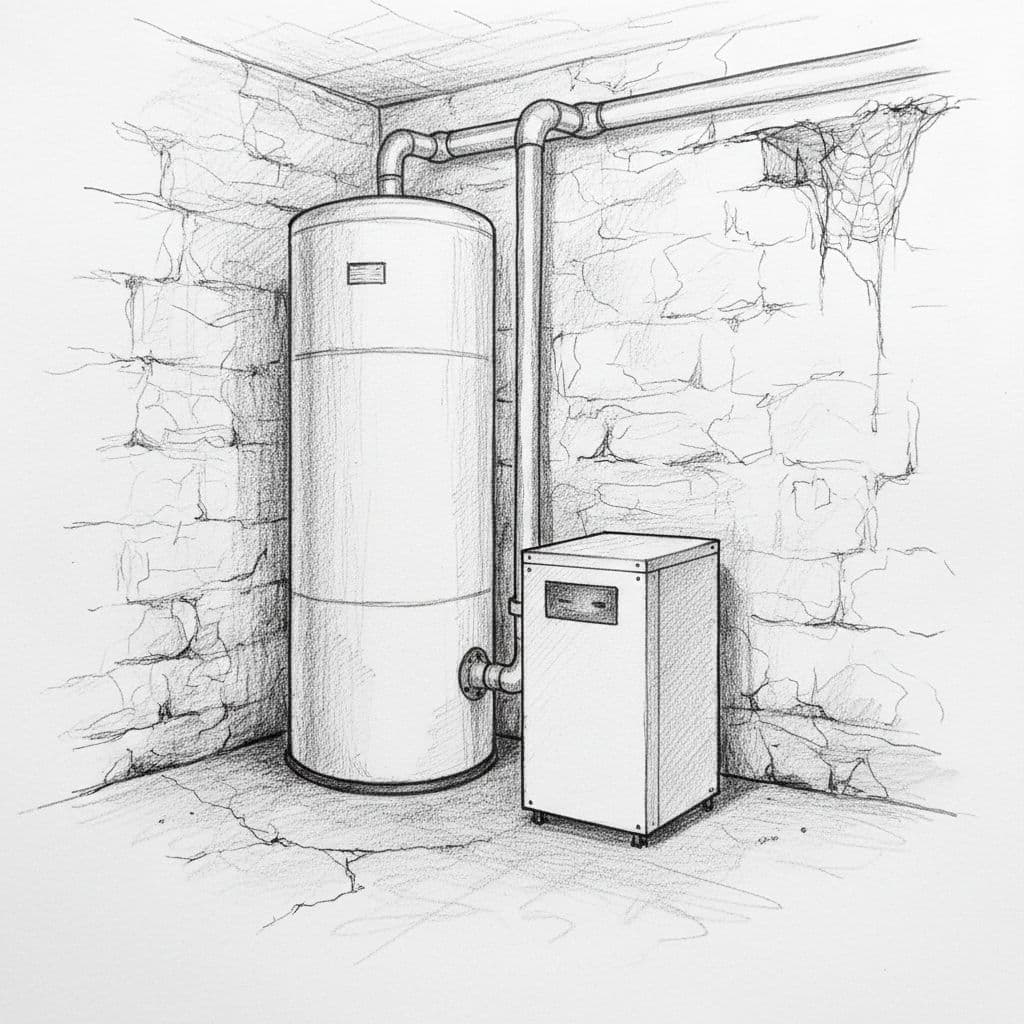 A detailed graphite sketch displays a vertical water storage tank standing beside a compact heat pump unit. The equipment occupies a rustic basement setting, defined by clean lines and subtle shading.