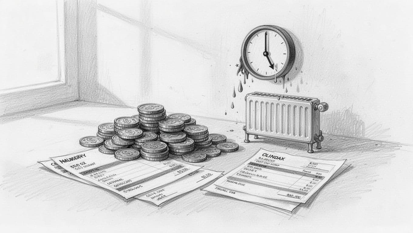 Graphite sketch of coin stack, bills, radiator, and clock with falling costs on white background.