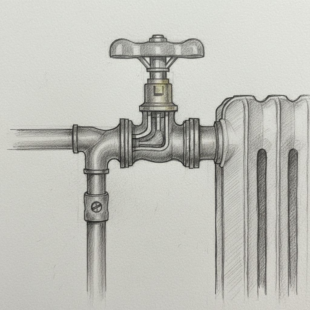 Eine detaillierte Graphitskizze zeigt ein Heizkörperventil und die dazugehörigen Rohre an einem Altbauheizkörper.