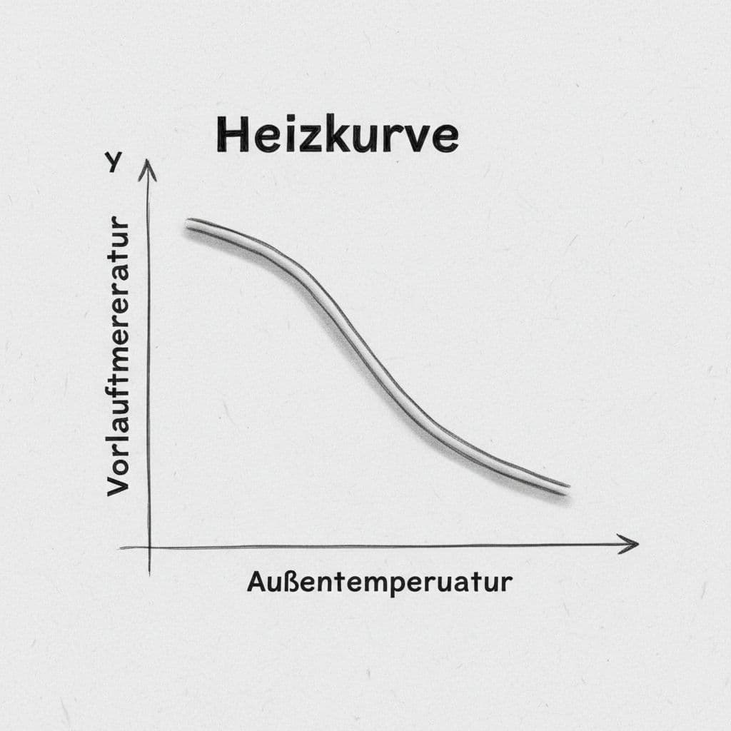 Graphite sketch on light gray paper of X-Y graph titled Heizkurve with Außentemperatur X-axis, Vorlauftemperatur Y-axis, and downward curve.