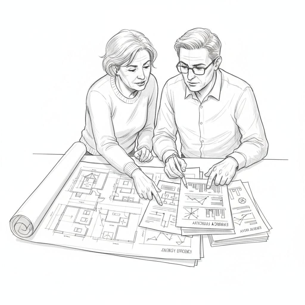 A homeowner and a professional advisor examine documents together in a graphite sketch style.