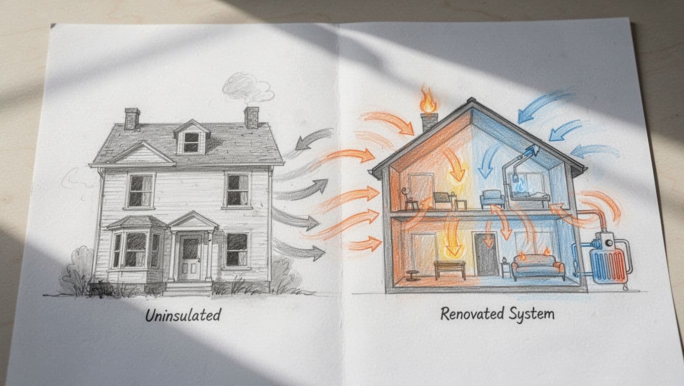 Side-by-side sketch of uninsulated old house with high heat loss arrows left and insulated renovated house with low heat loss right.