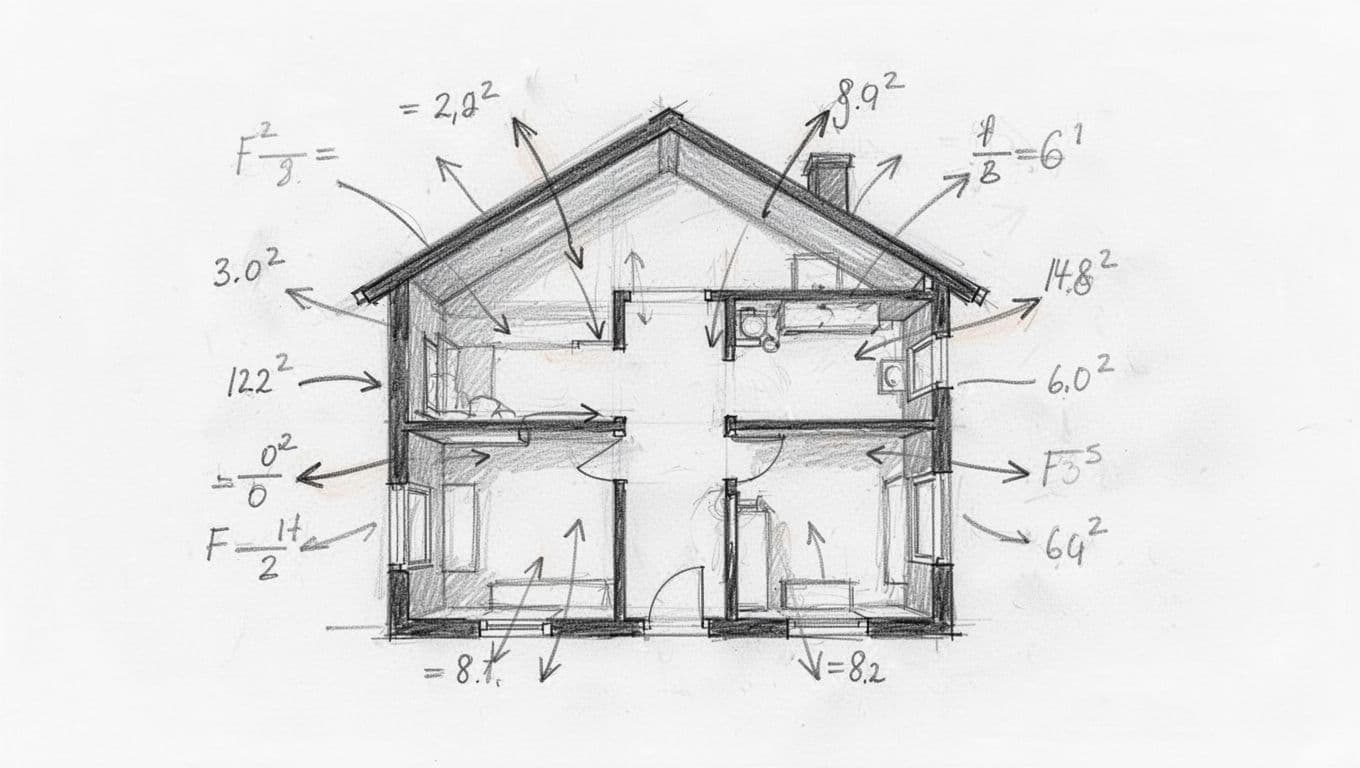 Hand-drawn sketch of house floor plan with arrows indicating heat losses through walls, roof, and windows, plus sketched numbers and formula.