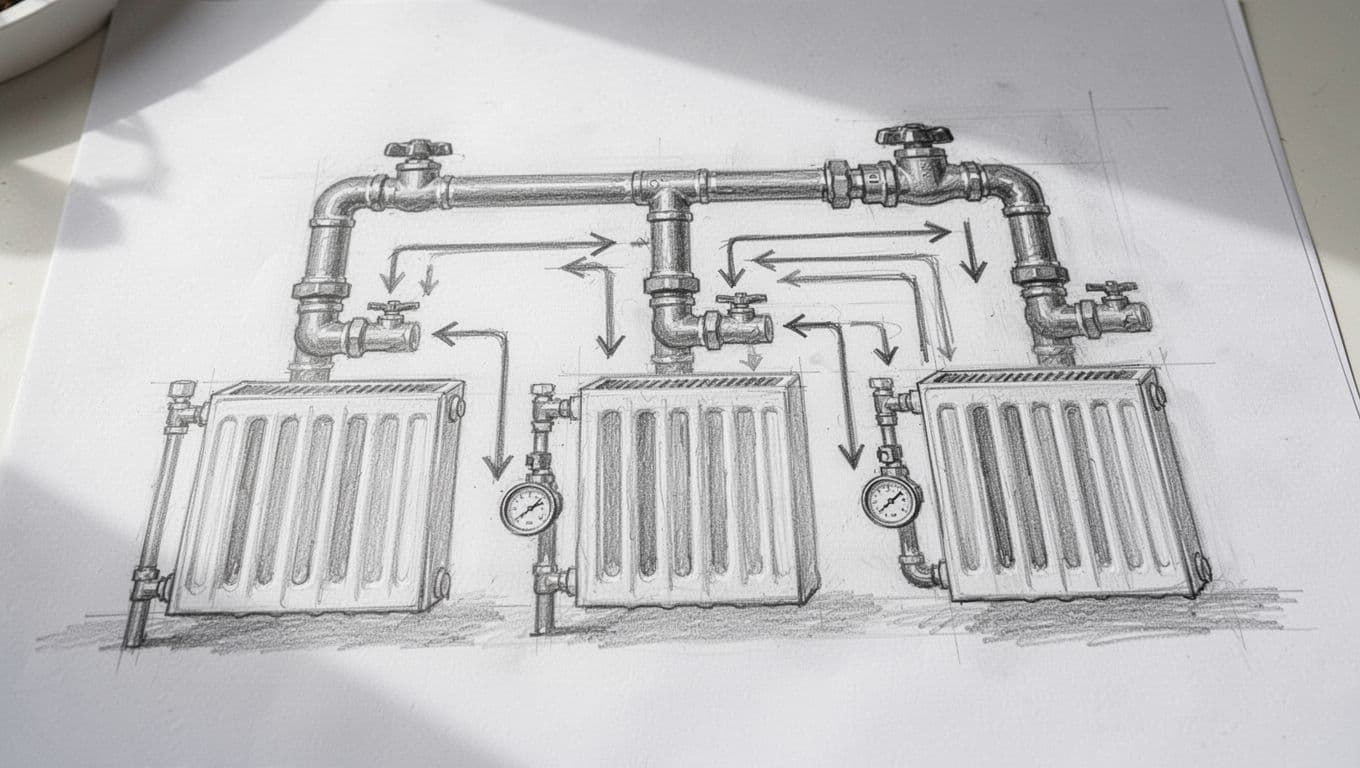 Sketch diagram of main pipe branching to three radiators with valves, flow meters, and balanced flow arrows.