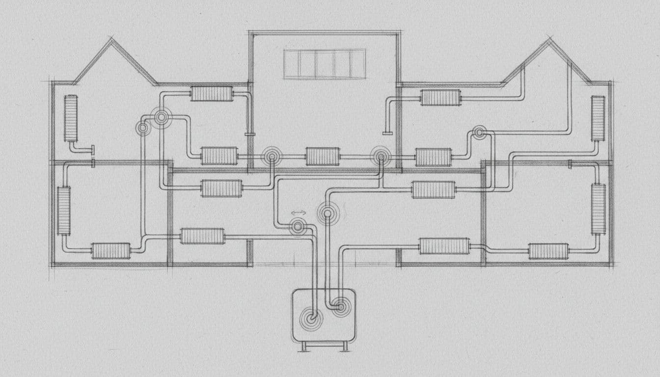 Eine schematische Bleistiftskizze eines Heizungsrohrsystems mit markierten Ventilen auf hellgrauem Papier.