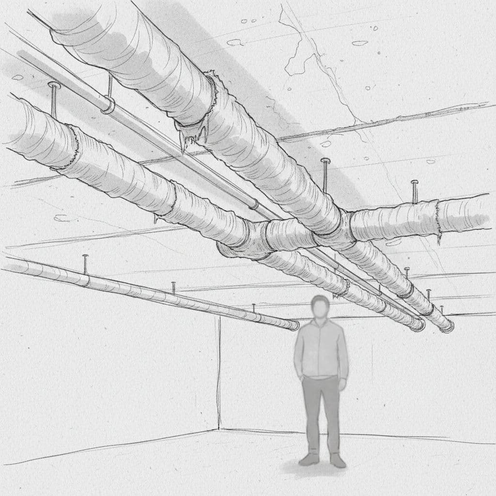 Hand-drawn graphite sketch on light gray paper shows insulated heating pipes along basement ceiling with out-of-focus person in background.