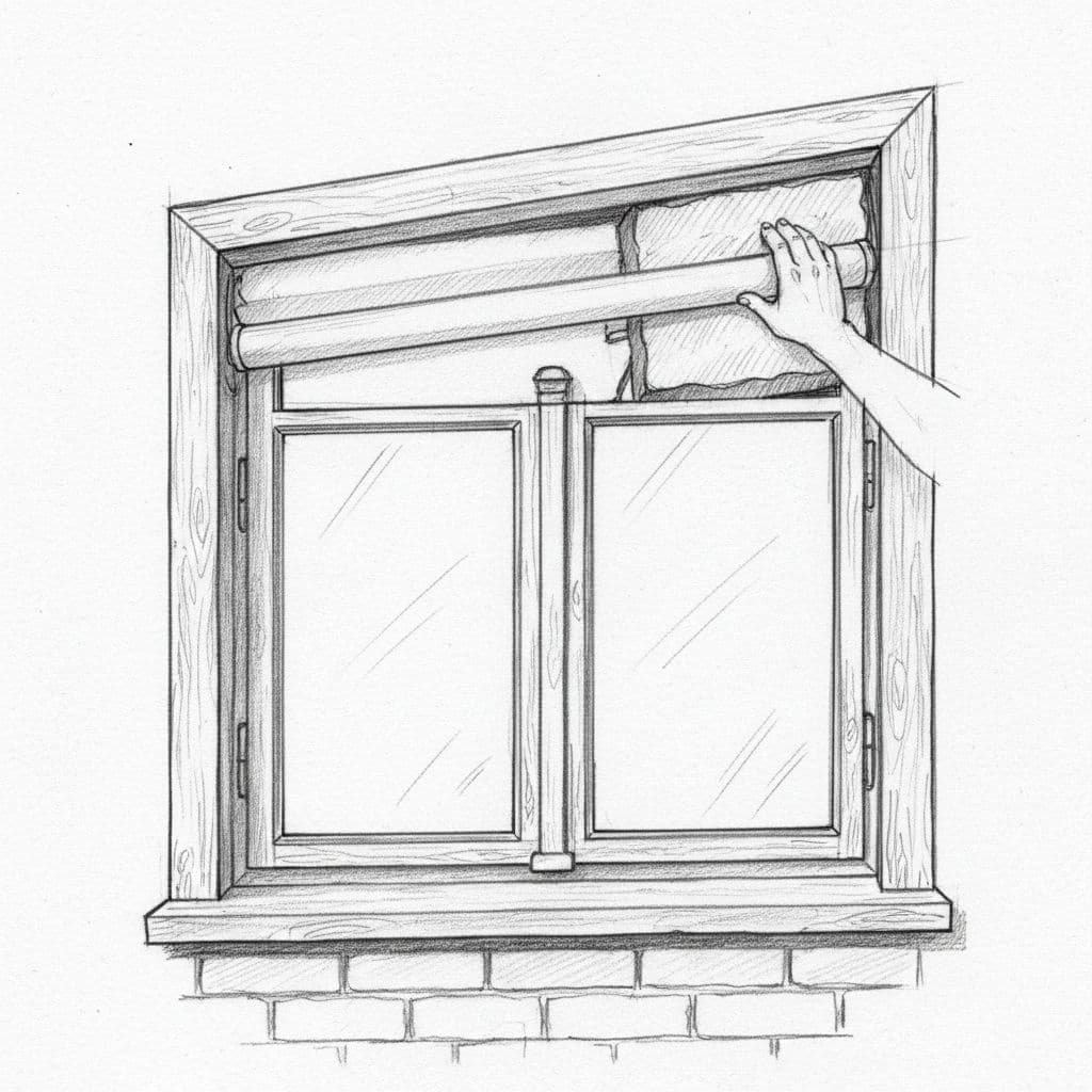 A technical sketch shows a person installing insulation inside an open roller shutter box.