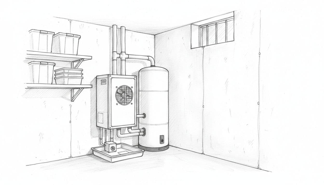 A detailed graphite sketch illustrates a compact heat pump unit installed in a clean basement corner.