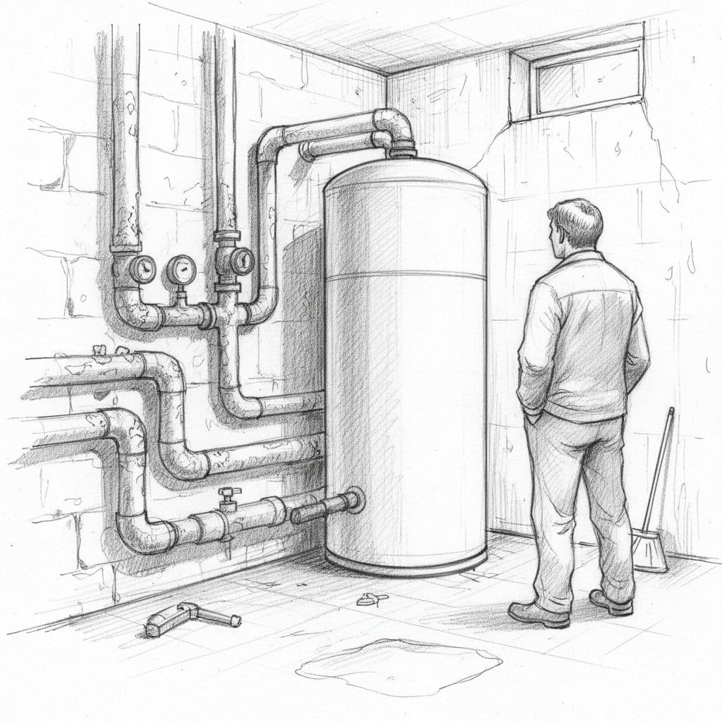 Graphite sketch of cylindrical hot water tank next to old heating pipes in basement, person standing nearby.