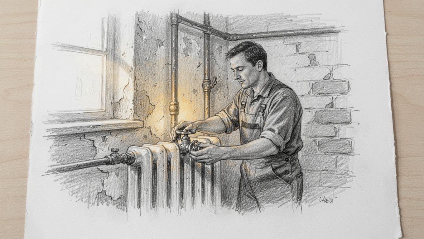 Hand-drawn sketch shows worker turning valve on radiator inside old apartment building exterior with heating symbols and cozy glow.