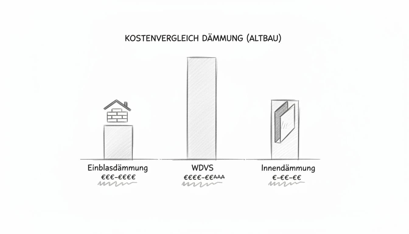 Hand-drawn graphite bar chart comparing relative costs per m² of Einblasdämmung, WDVS, and Innendämmung for old buildings, with wall and roof icons.