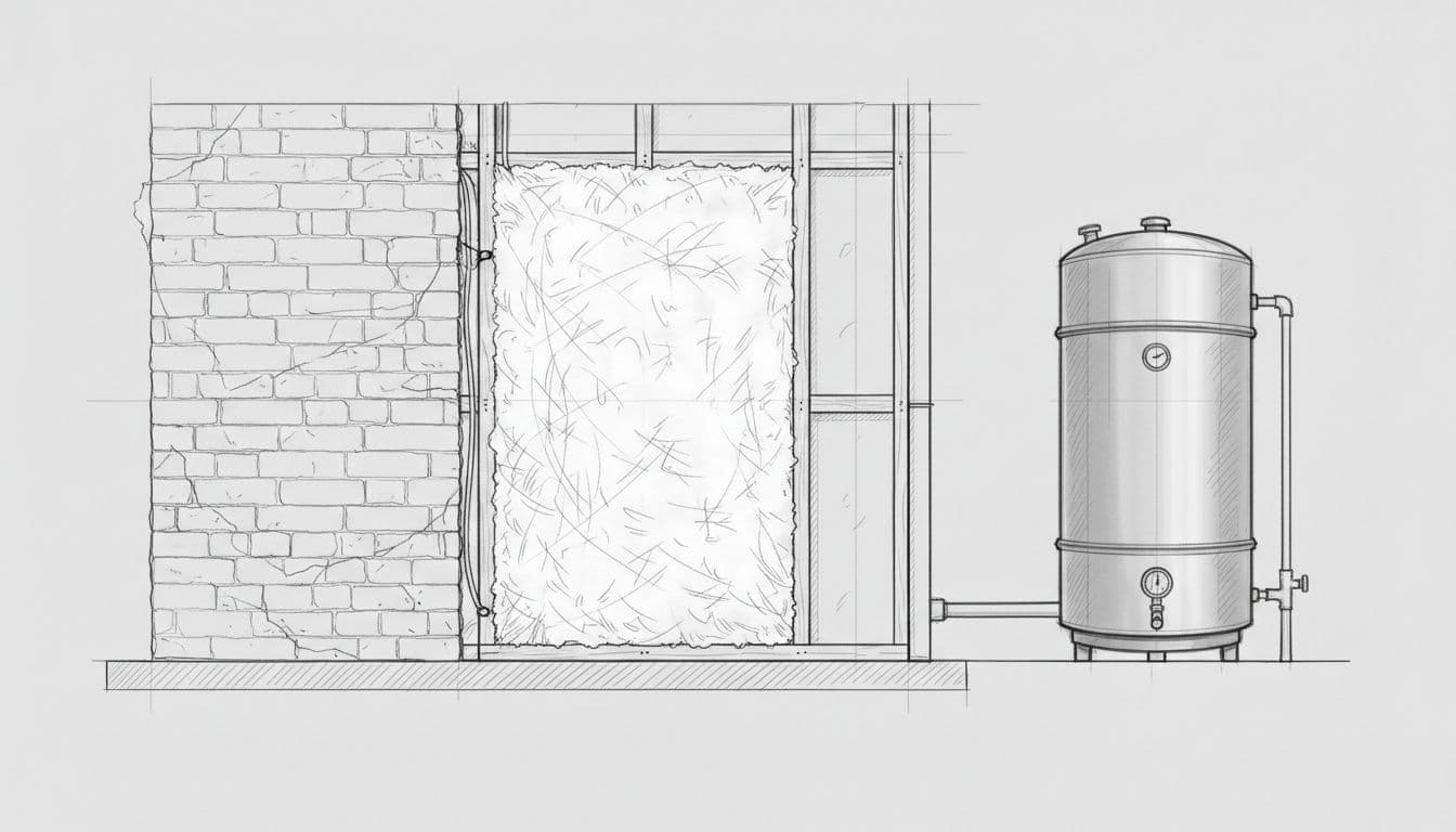 Graphite sketch shows cross-section of old house wall with new insulation layers and nearby hot water storage tank on gray paper.