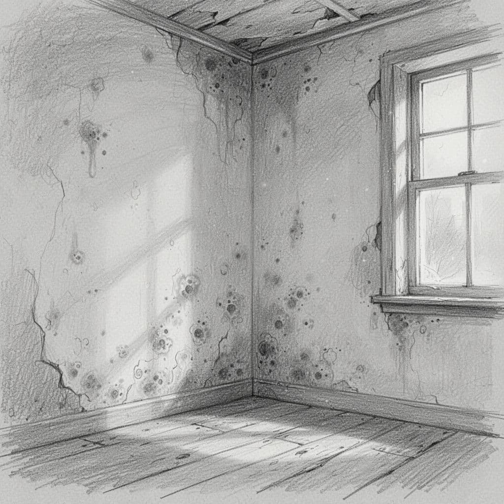 Graphite sketch on white paper shows old room corner with moisture and mold on wall, light shading.