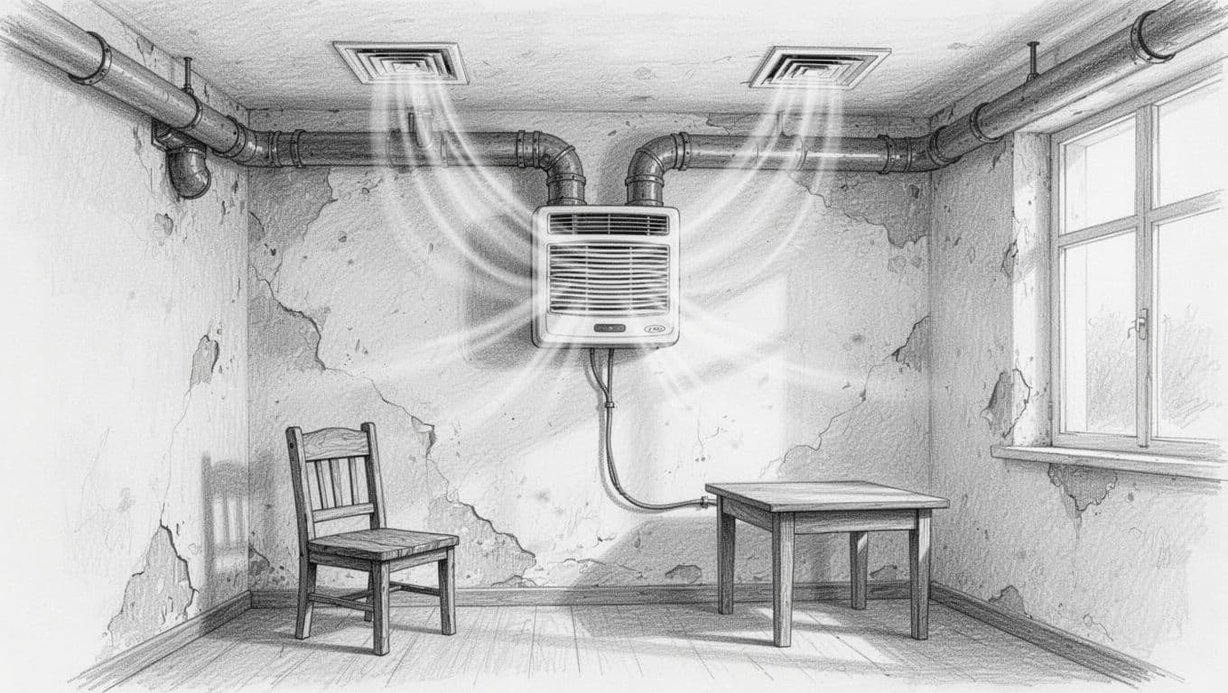 Sketch of old room interior with wall-mounted mechanical ventilation unit, ductwork to ceiling vents, airflow arrows, and simple furniture.
