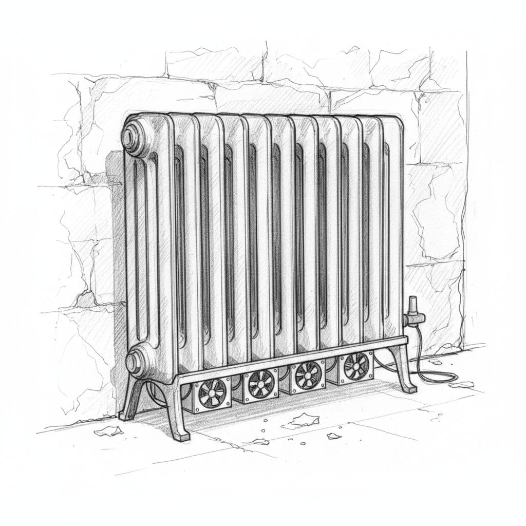 A graphite sketch shows several small cooling fans mounted beneath an old cast-iron radiator.