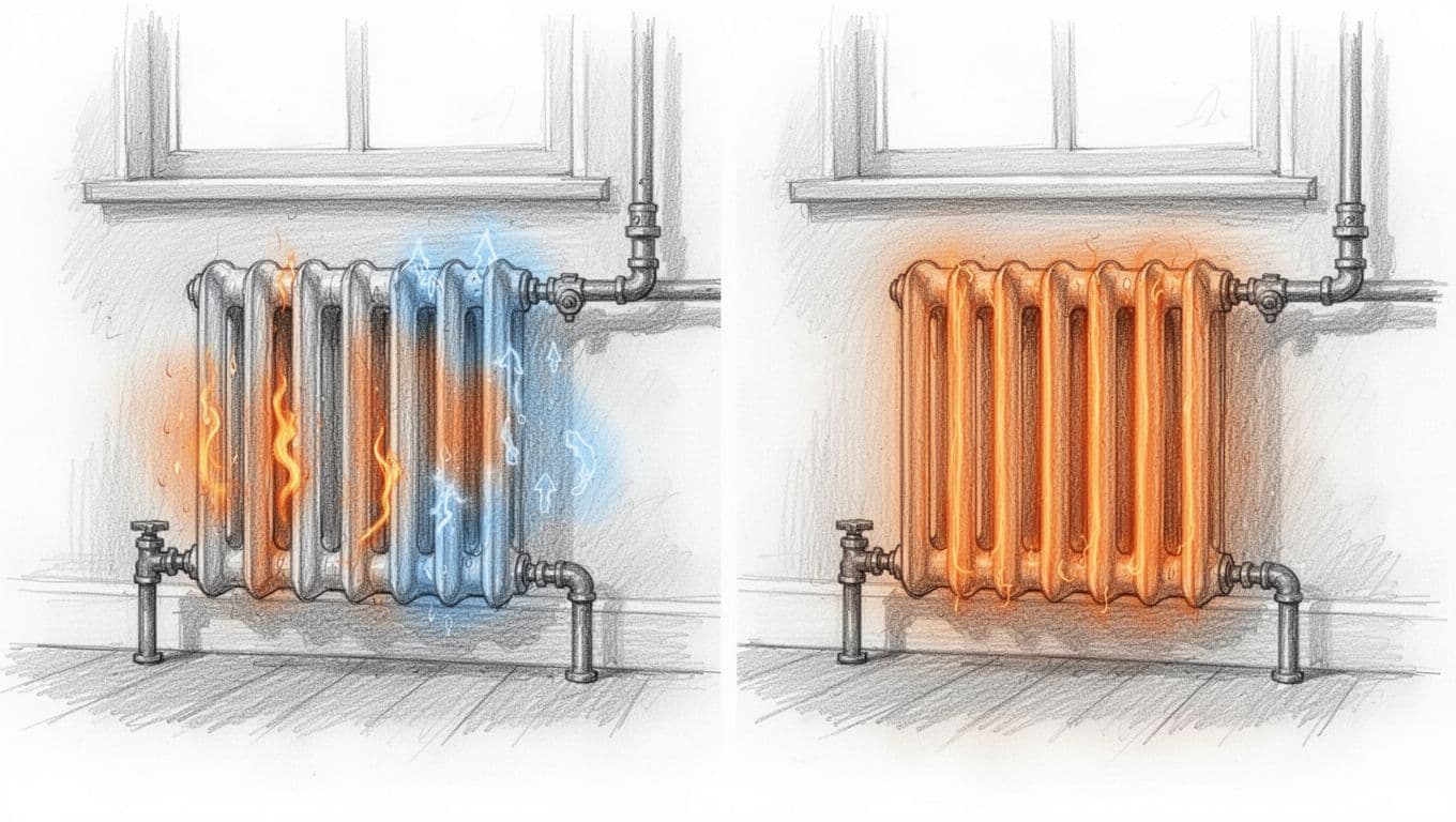 Side-by-side sketch shows uneven hot/cold spots on left radiator and even heat on right, with thermometer, pipe, and radiator icons.
