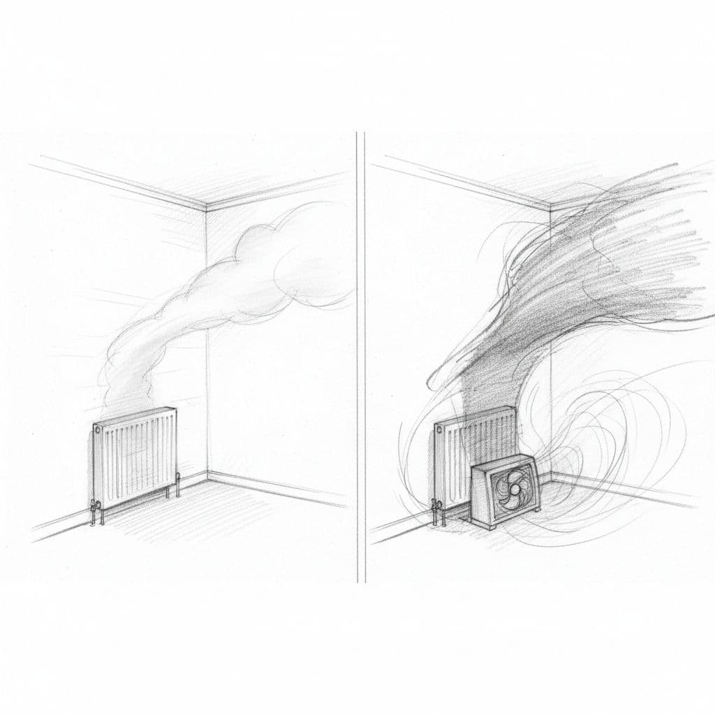 A graphite sketch showing two side-by-side room scenarios comparing slow and fast radiator heat spread.