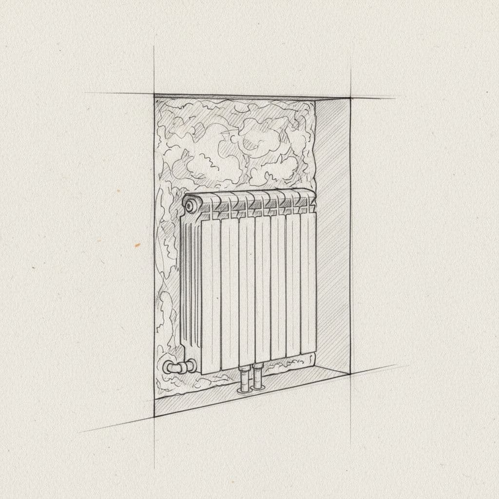 A graphite drawing shows a cross-section of a wall niche with insulation placed behind a radiator.