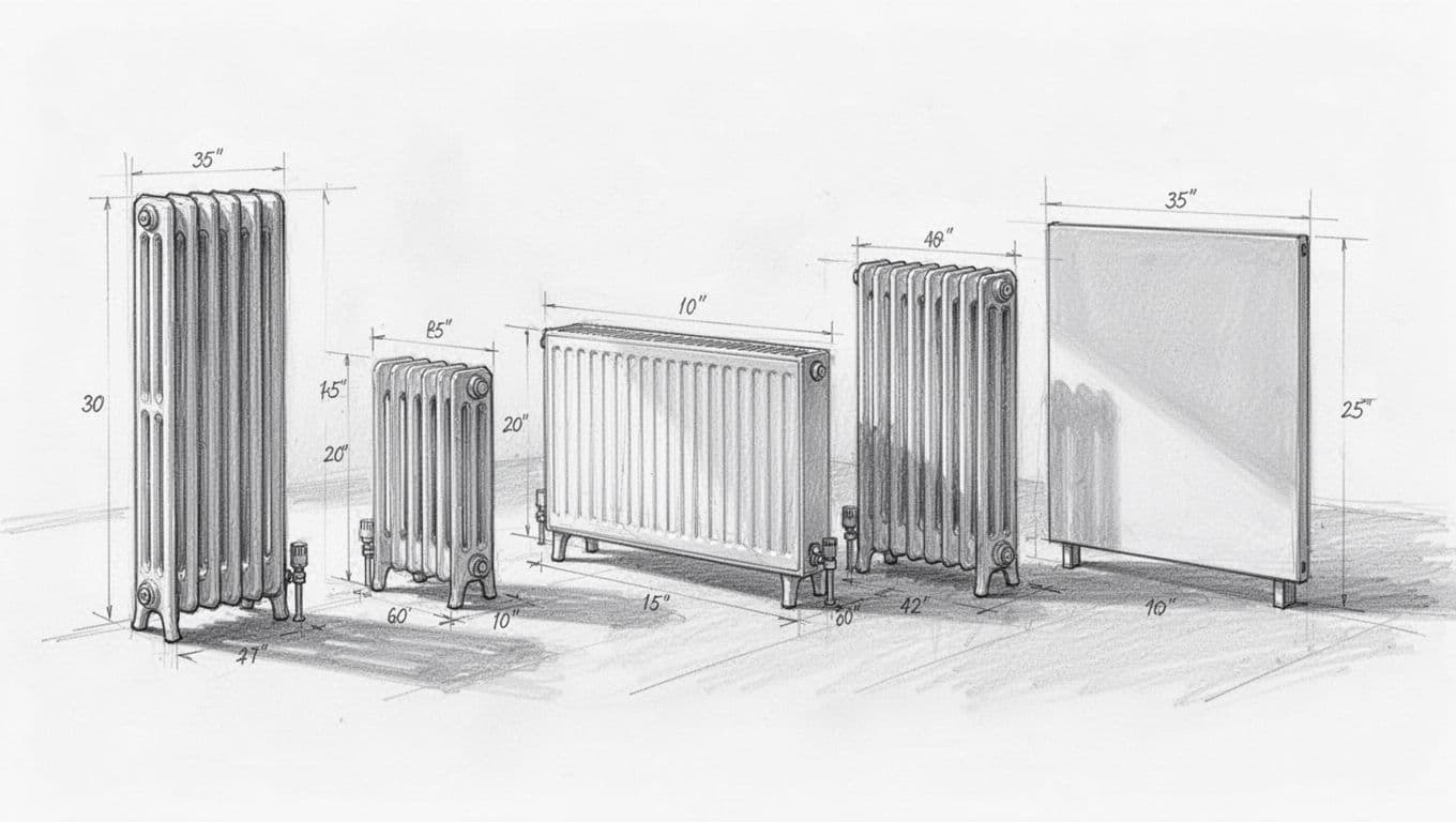 Hand-drawn sketch of tall, low, and panel radiators side by side with scale lines on white background.