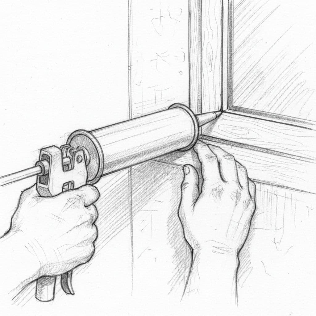 A graphite drawing shows a hand using a tool to apply sealant into a window frame gap.
