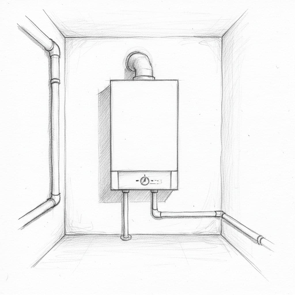 Eine schlichte Graphitzeichnung einer Wandtherme mit angeschlossenen Heizungsrohren in einem Kellerraum.