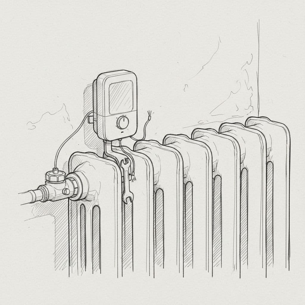 A graphite line drawing depicts a digital thermostat being fitted onto a vintage cast-iron radiator. The textured wall background on gray paper highlights the contrast between modern tech and traditional heating.