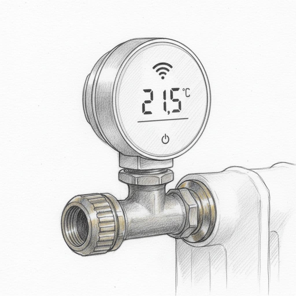 Hand-drawn graphite sketch of modern smart thermostat on old radiator valve with fine details and light shading.