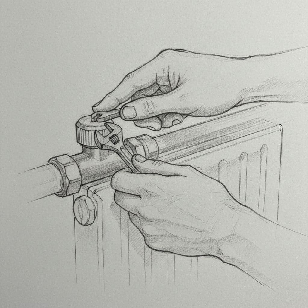 A close-up sketch of a technician using a small wrench to adjust a heating radiator valve.