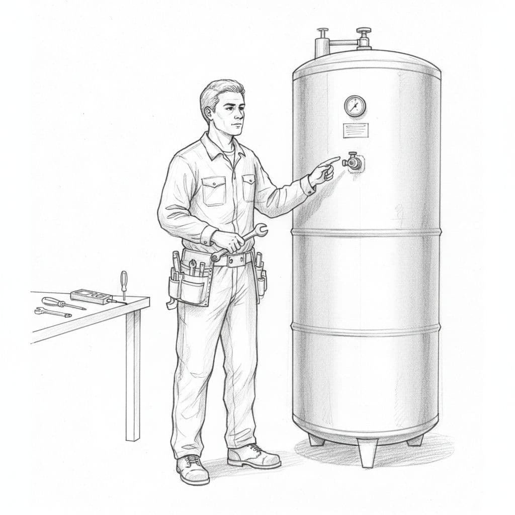 Hand-drawn sketch of technician in work clothes examining large hot water storage tank, tools on nearby surface, white paper background.