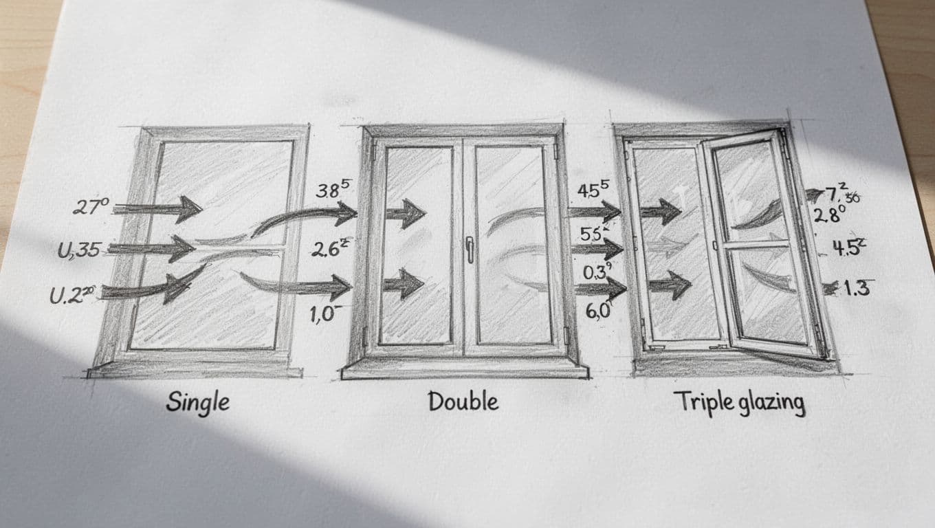 Schematic hand-drawn sketch shows heat loss through single, double, and triple glazing with U-values 5,8; 1,3; 0,8 W/m²K.