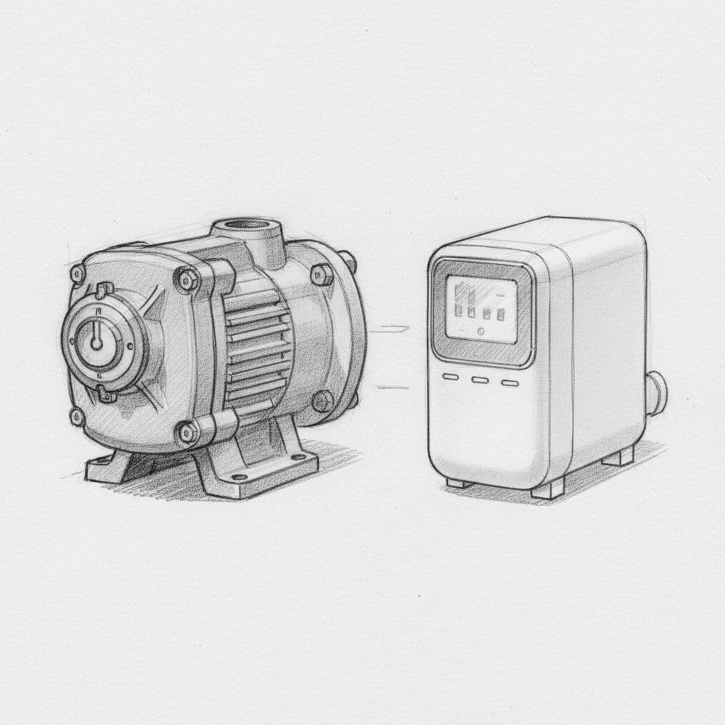 Eine Skizze zeigt eine klobige mechanische Heizungspumpe neben einer kompakten, digitalen Hocheffizienzpumpe auf grauem Papier.