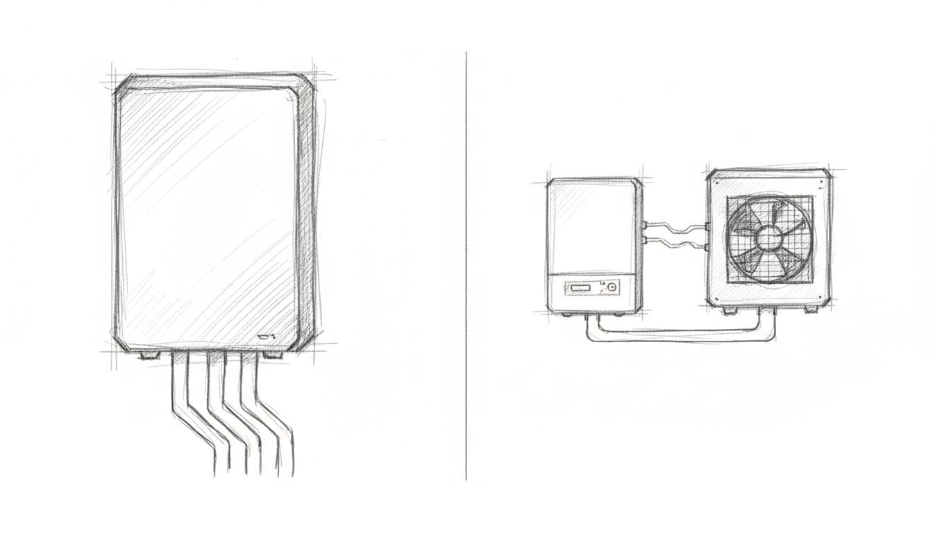Eine detailreiche Graphitzeichnung auf weißem Papier stellt links ein massives Monoblock-Gerät mit Wasserrohren dar, während rechts ein Split-System mit verbundenem Innen- und Außengerät durch schmale Leitungen für einen direkten technischen Vergleich gegenübergestellt wird.